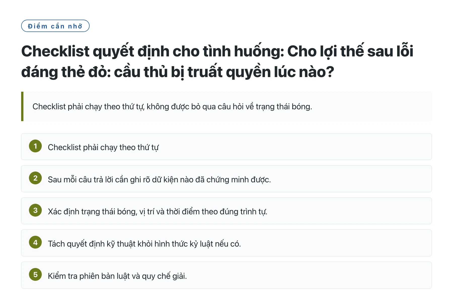 Checklist quyết định cho tình huống: Cho lợi thế sau lỗi đáng thẻ đỏ: cầu thủ bị truất quyền lúc nào?——全文要点速览